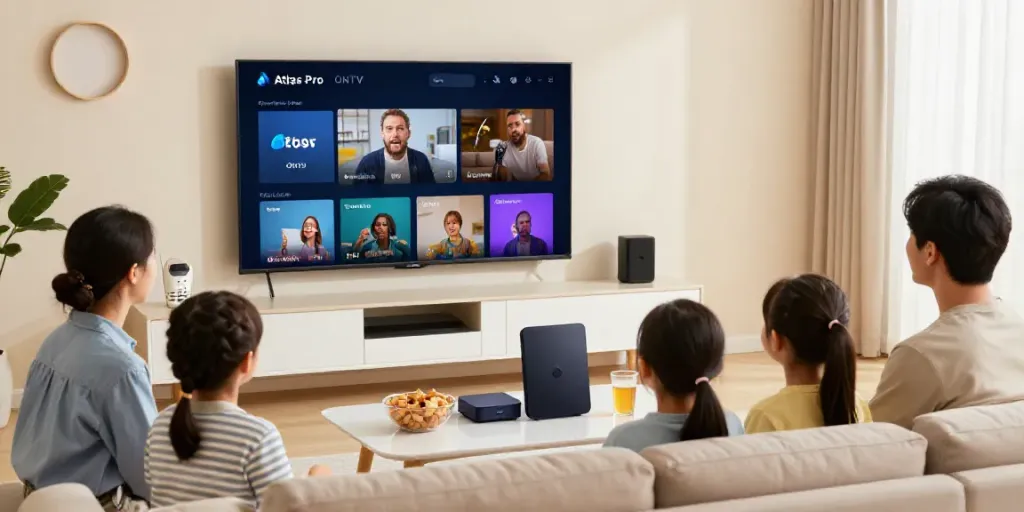 Configuration IPTV familiale avec Atlas Pro ONTV sur un téléviseur dans un salon confortable.