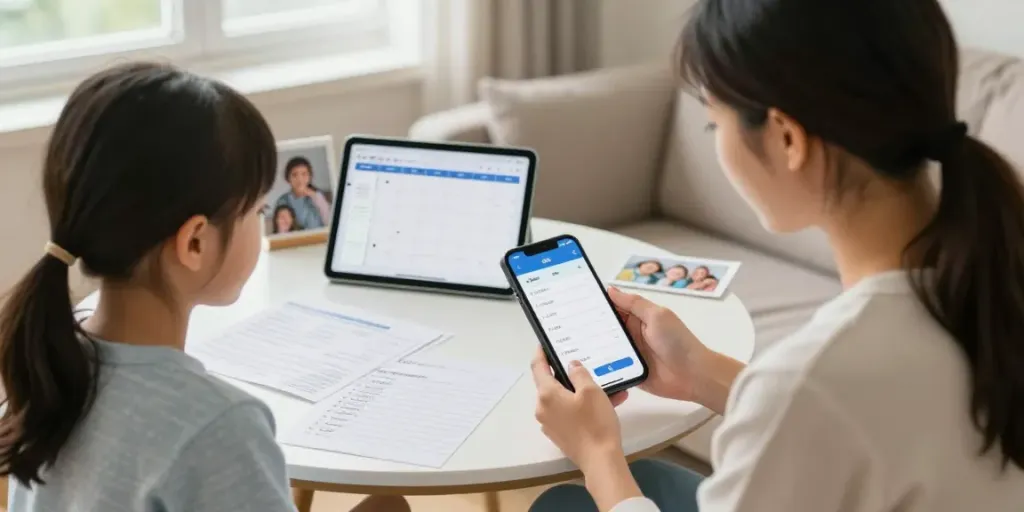 Vue d'une application aidant familial utilisée par une personne avec sa famille pour coordonner les soins.