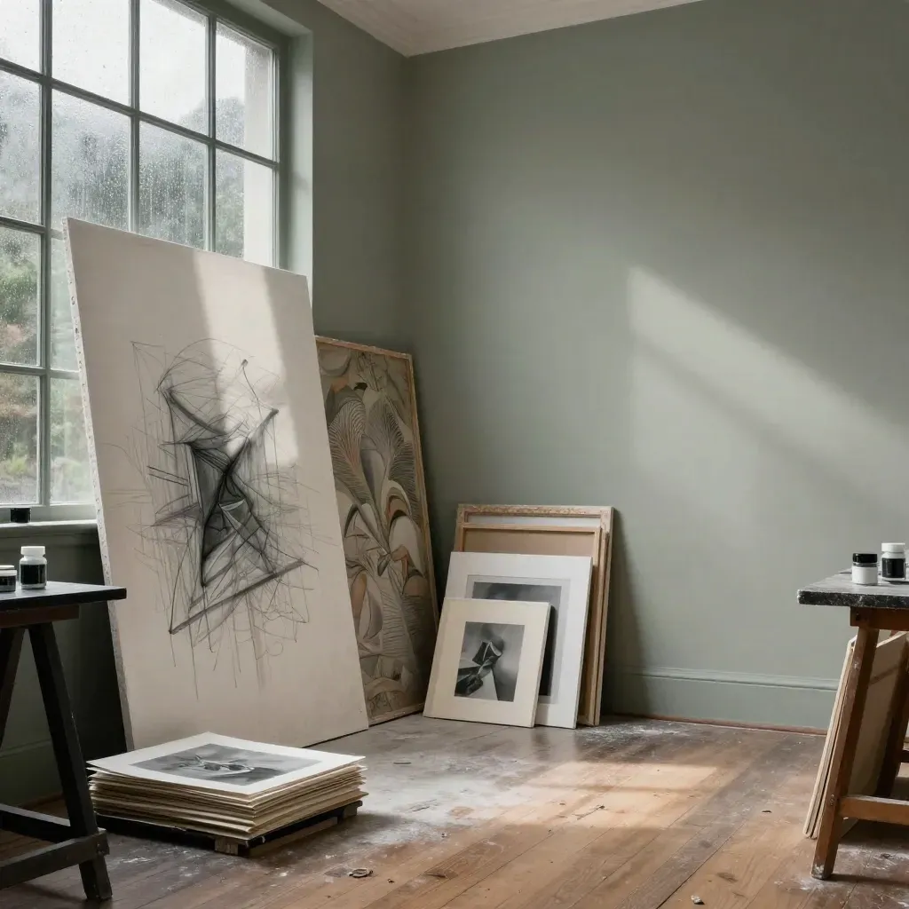 Grand atelier d’art avec toiles, cadres et pigments dans une lumière de pluie.