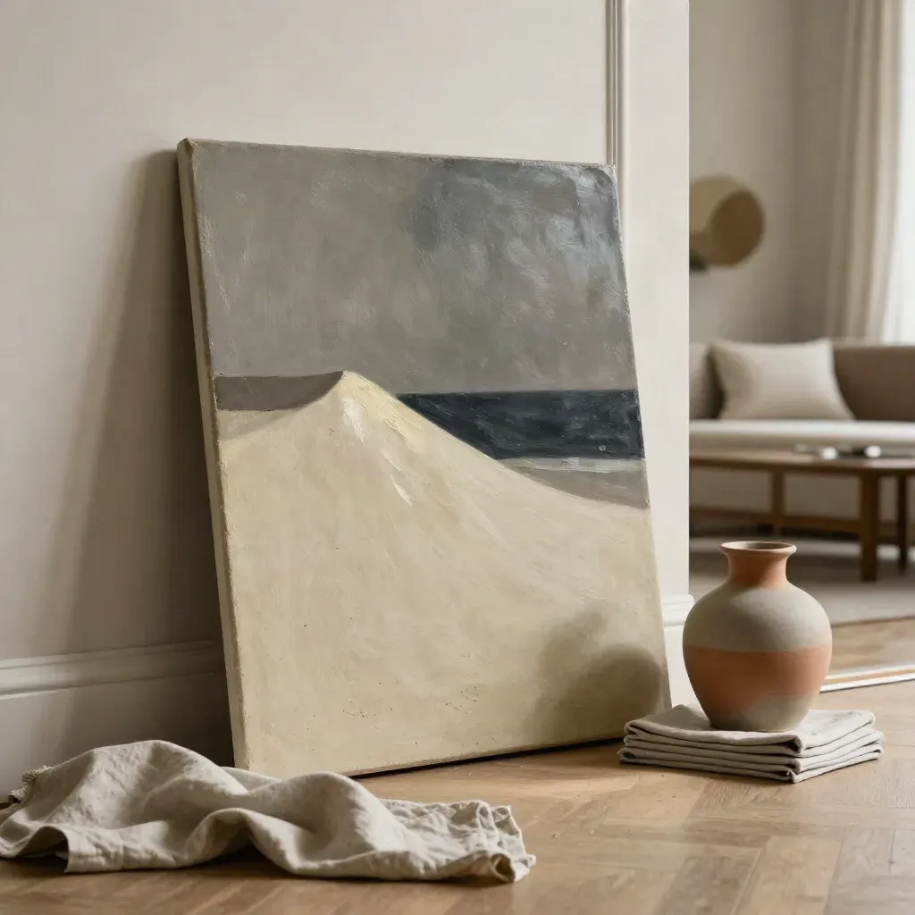 Grand tableau sable, ivoire et charbon, appuyé au mur, avec vase en céramique et lin.