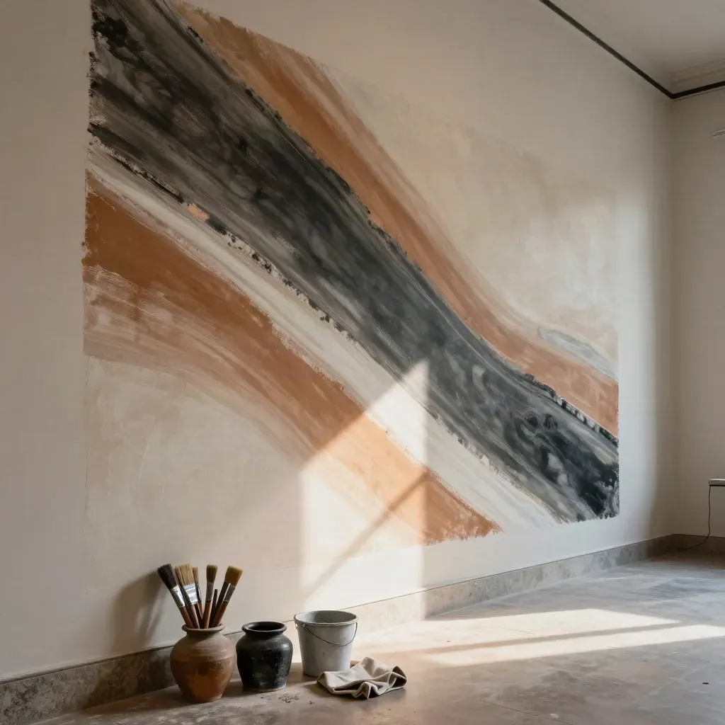 Grande fresque organique en galerie, pigments minéraux et outils au sol, lumière de fin d’après-midi.