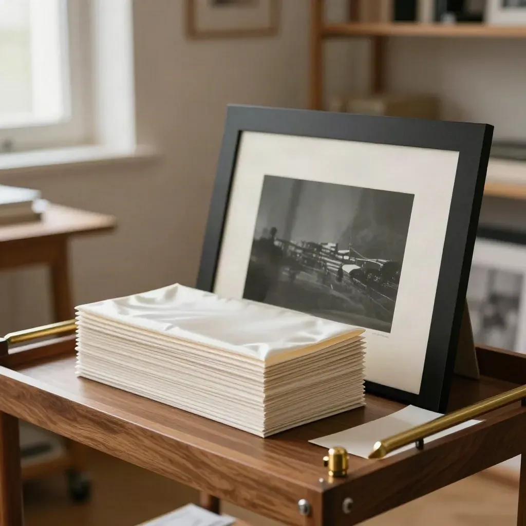 Piles de tirages d’art protégés, cadre noir mat et coins d’archive dans un atelier lumineux.