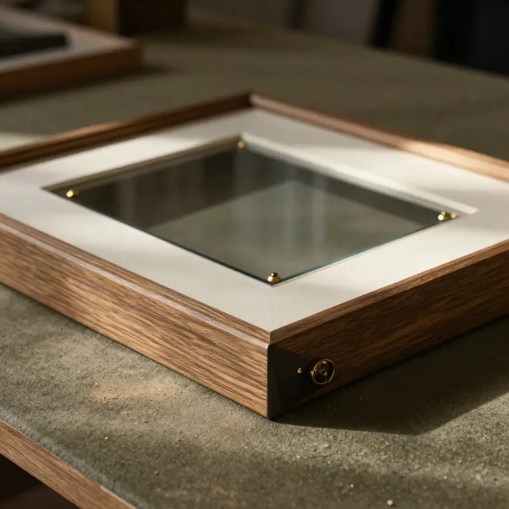 Échantillons de cadres, passe-partout et verre anti-reflet sur un établi, lumière rasante.