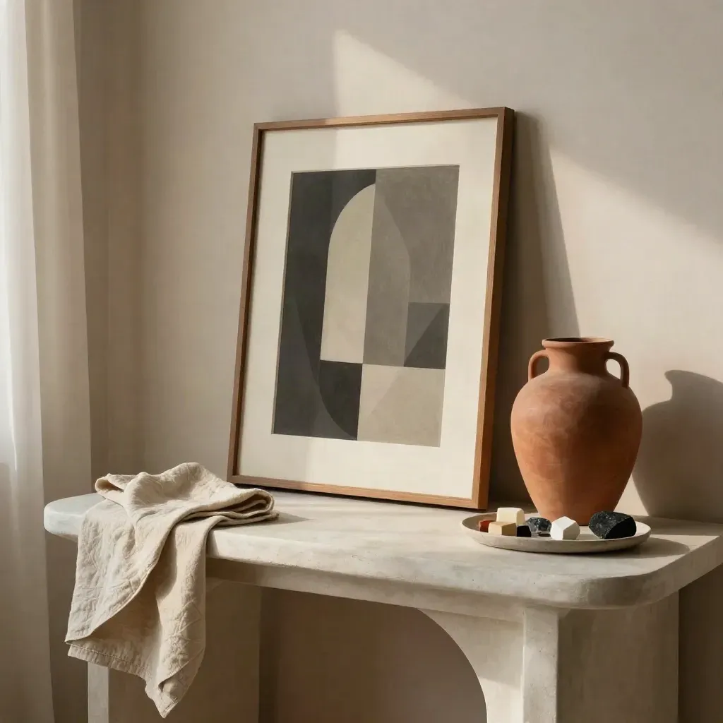 Scène déco avec cadre, lin, vase terracotta et plateau minéral en lumière douce.