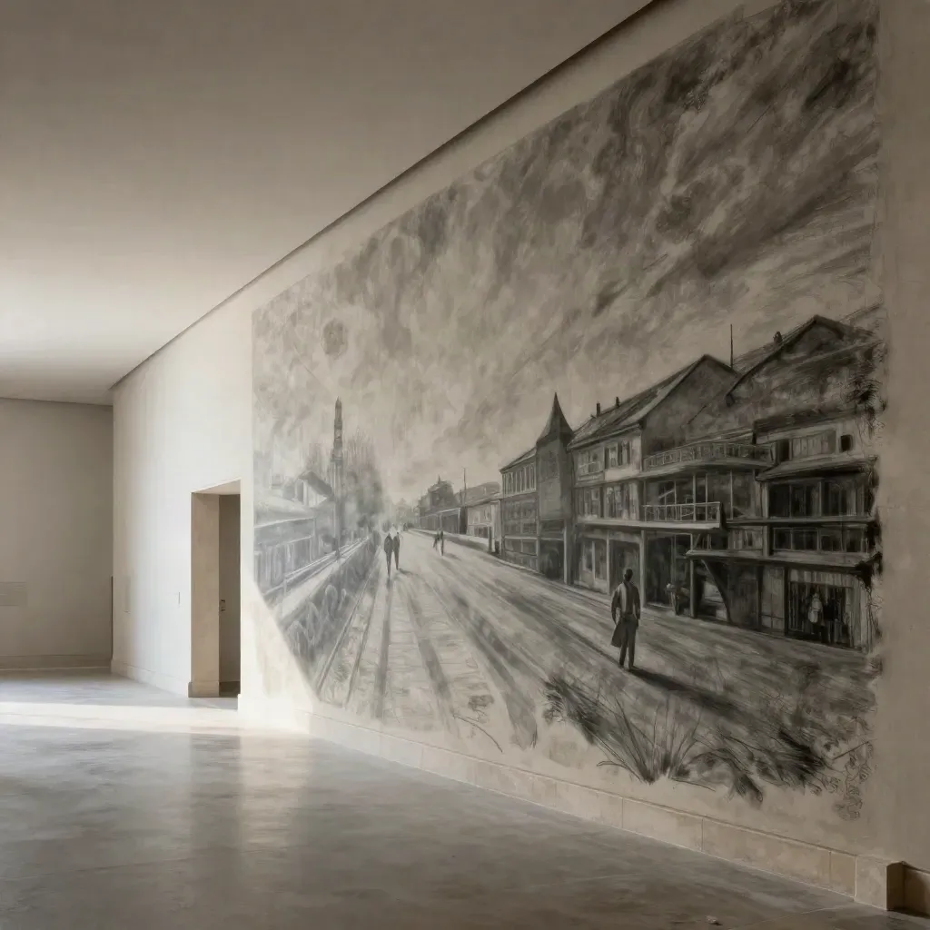 Galerie du Marais avec fresque achevée, sol en béton poli et socles vides.