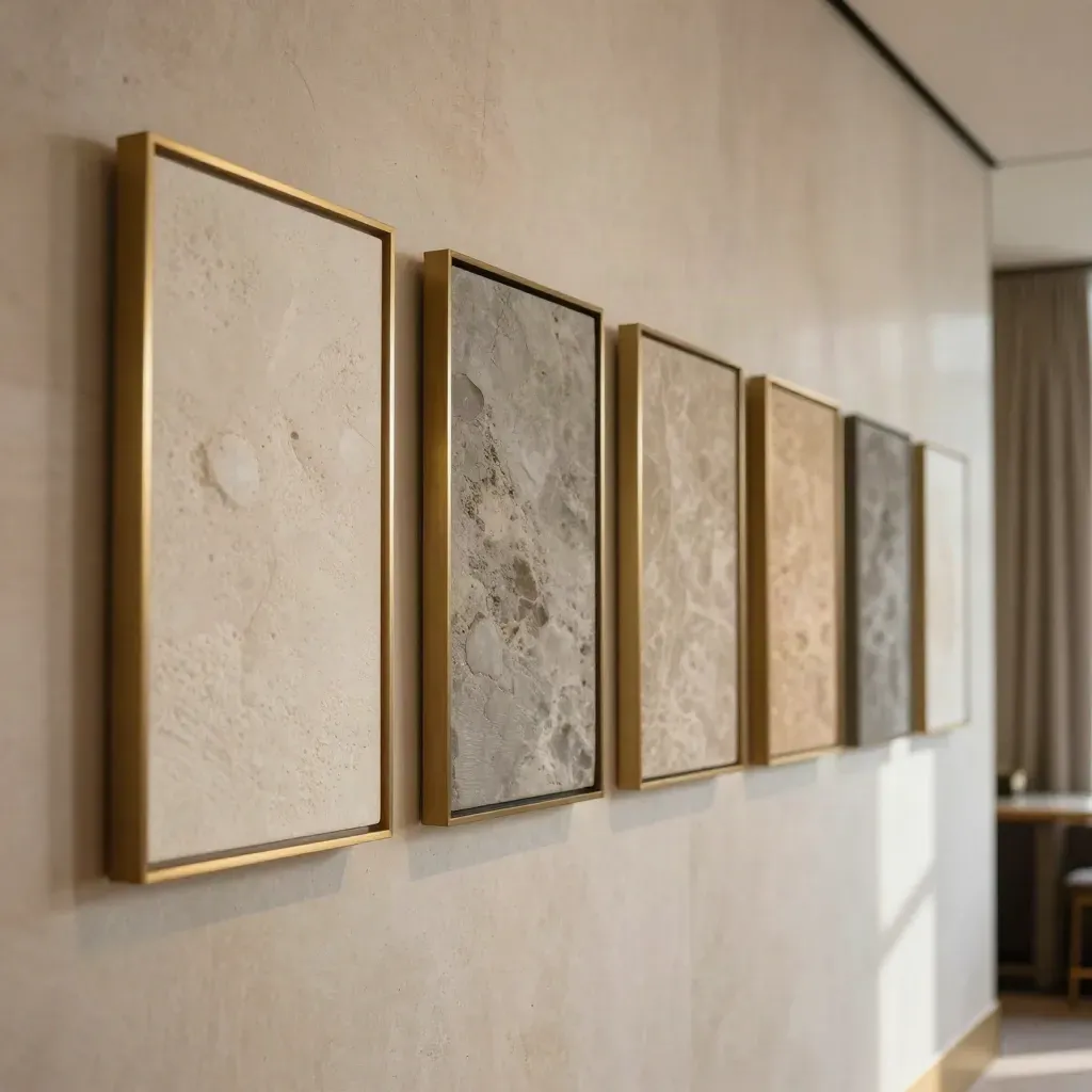 Six œuvres encadrées sur un mur d’hôtel lyonnais, pierre chaude et laiton discret.