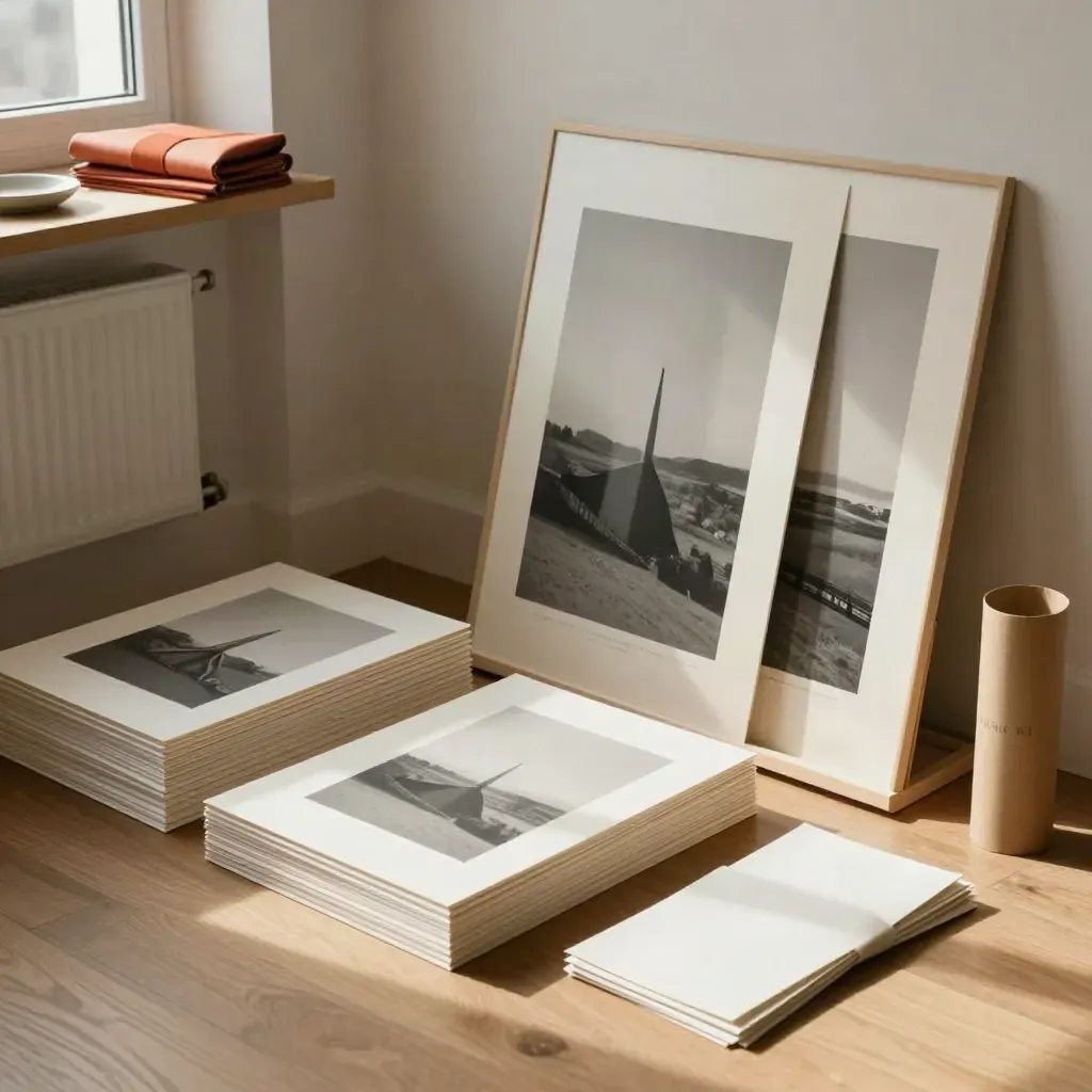 Affiches d’art prêtes à la vente, empilées sur présentoir en bois clair, lumière chaude.