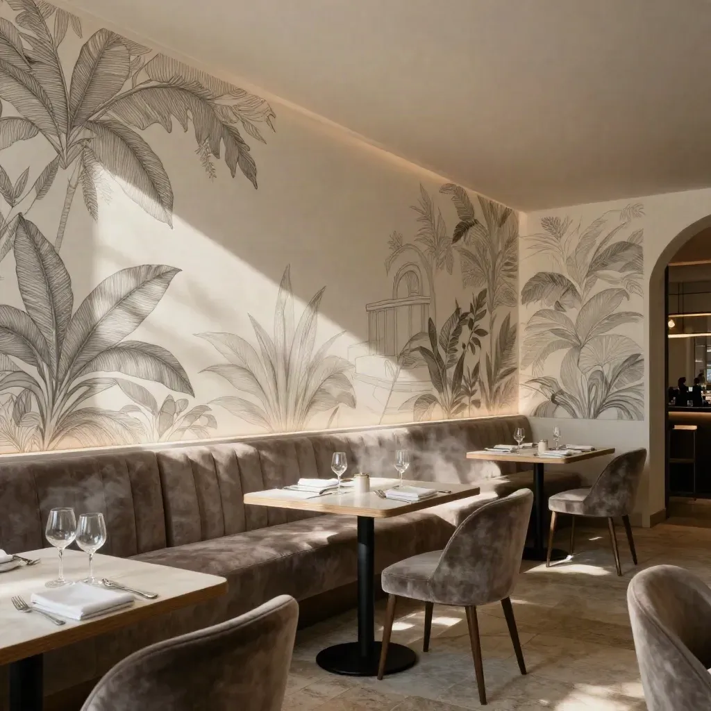 Salle de restaurant vide avec fresque murale achevée, tables dressées et banquettes ivoire
