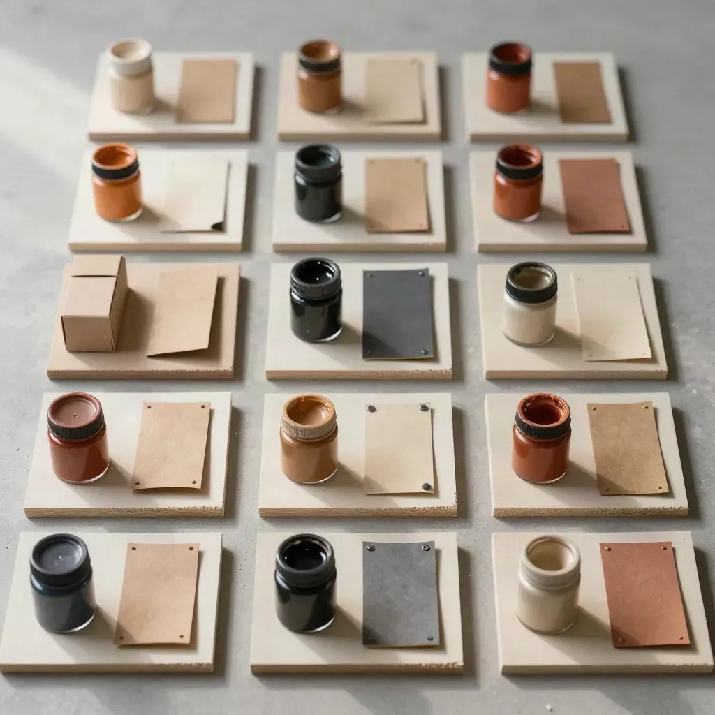 Douze petites œuvres finies sur plateaux de séchage, cartons de protection et pots fermés.