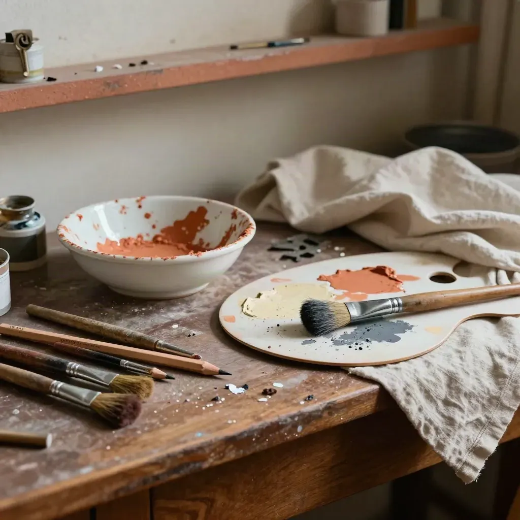 Brochures usées, godets de gouache et palette séchant dans un atelier d’artiste