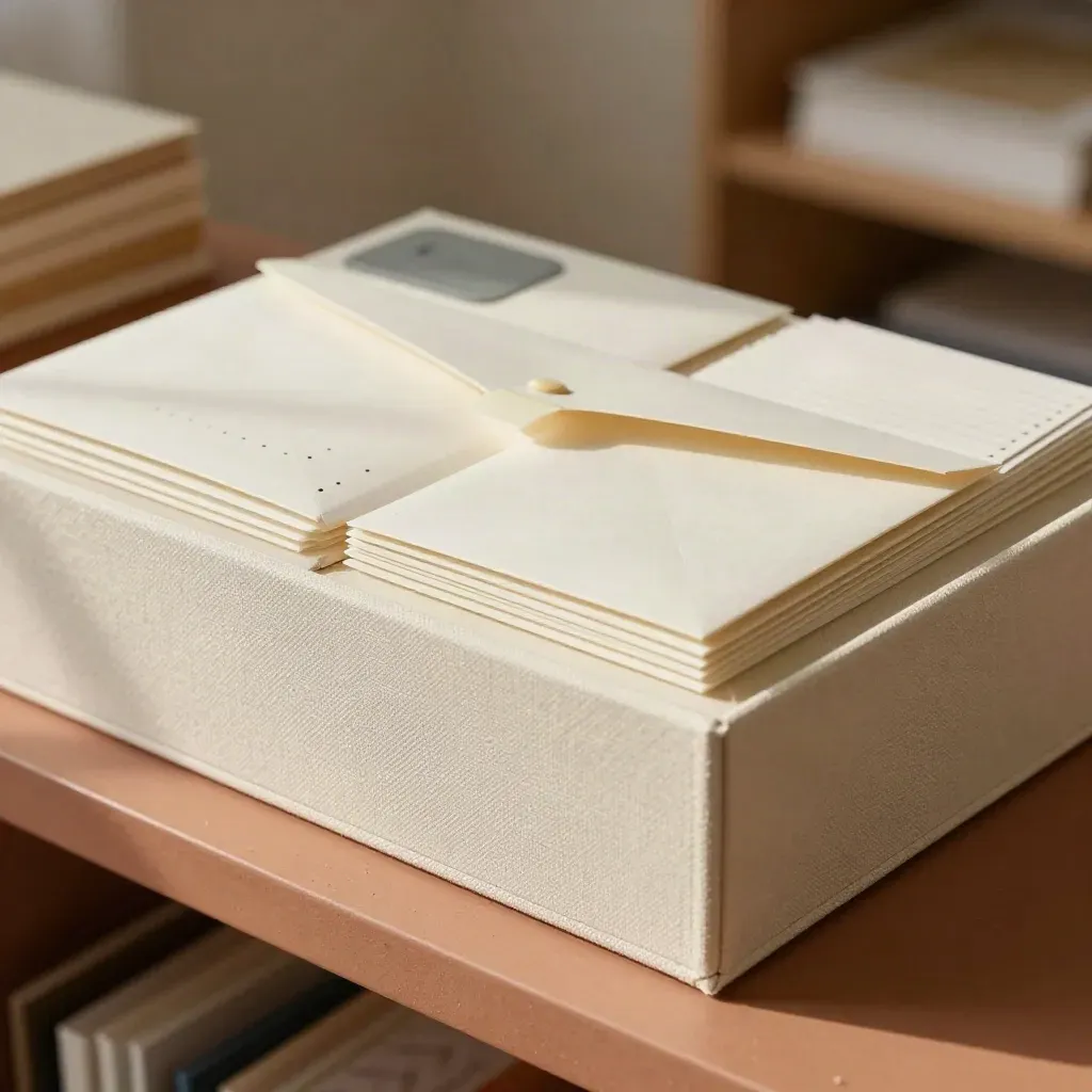 Boîte de projet en carton ivoire avec enveloppes closes et cartes vierges sur étagère terracotta.