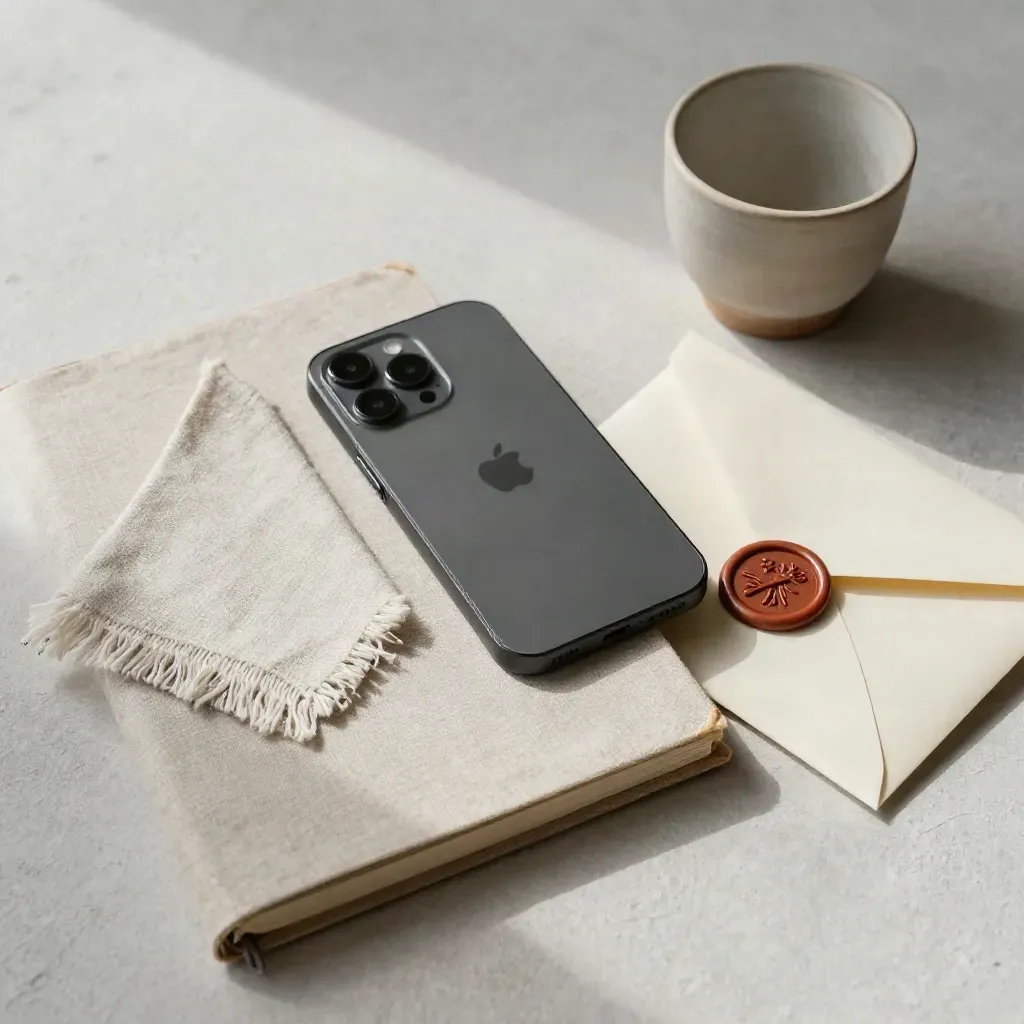 Smartphone, carnet en lin, tissu, enveloppe scellée et tasse en grès sur fond ivoire.