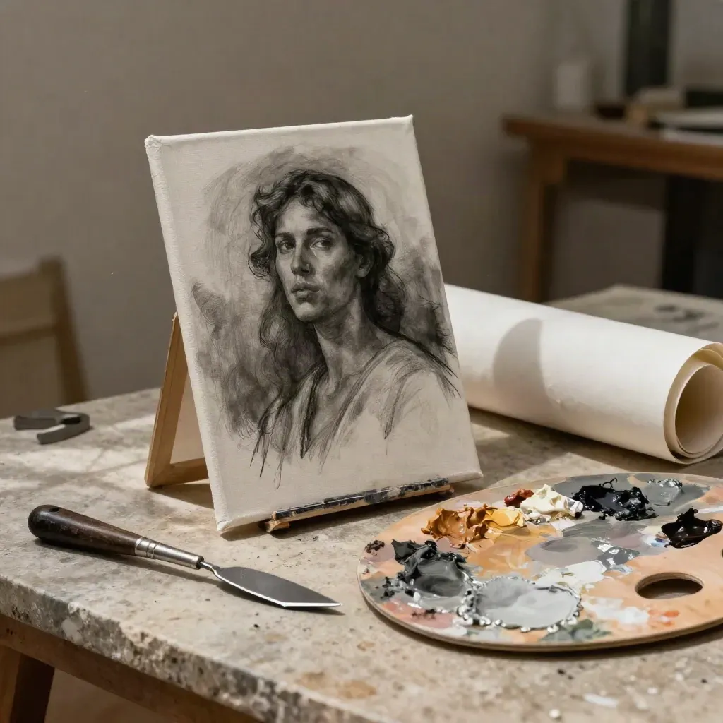 Toile en cours, palette de gouache et couteau sur surface minérale, lumière douce latérale.