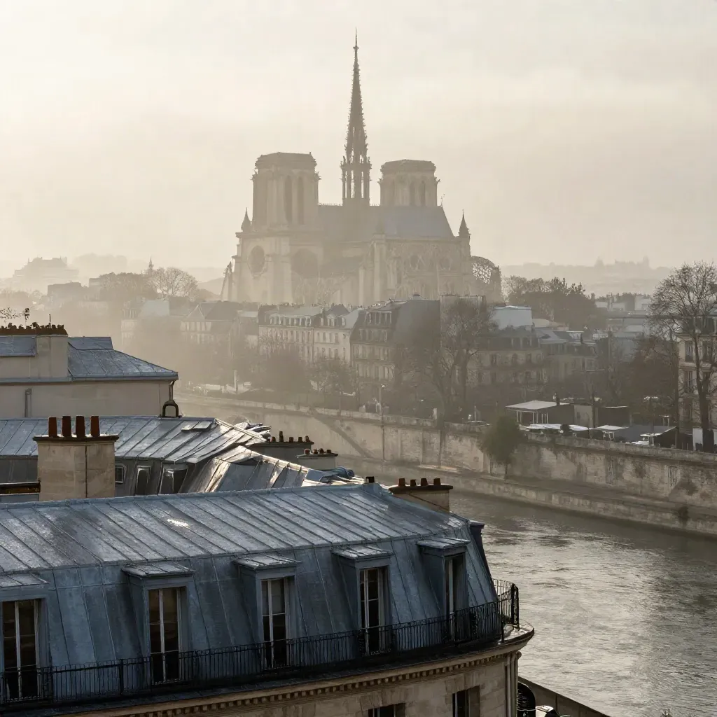 Toits de Paris en zinc, Seine douce en bas et monument historique dans la brume.