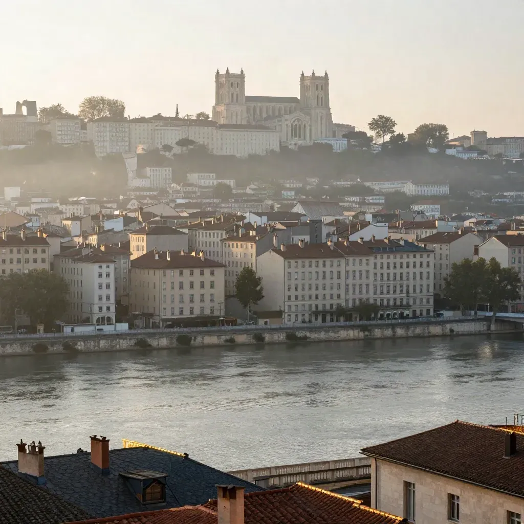 Vue large de Fourvière et des toits lyonnais au-dessus de la Saône dans une lumière dorée.