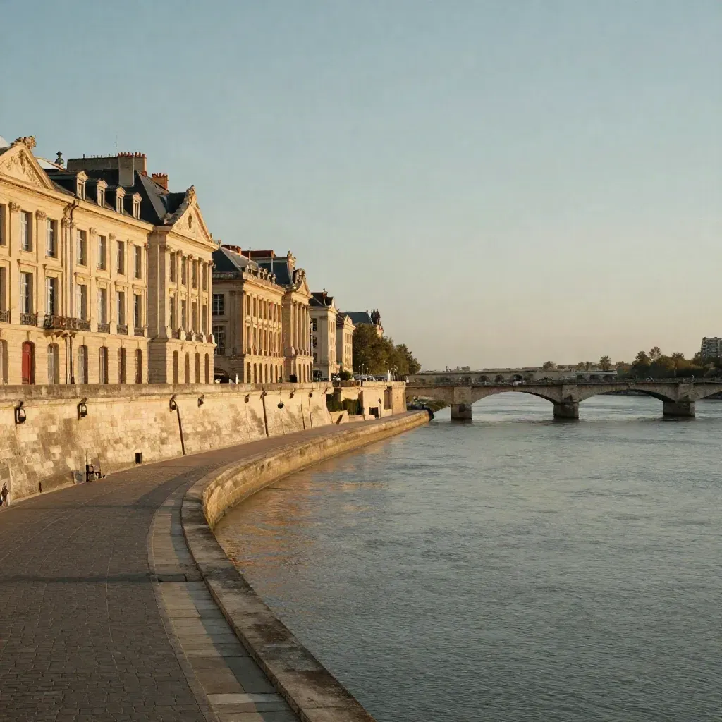 Vue dorée de Bordeaux avec façades blondes, pont sur la Garonne et large espace calme.