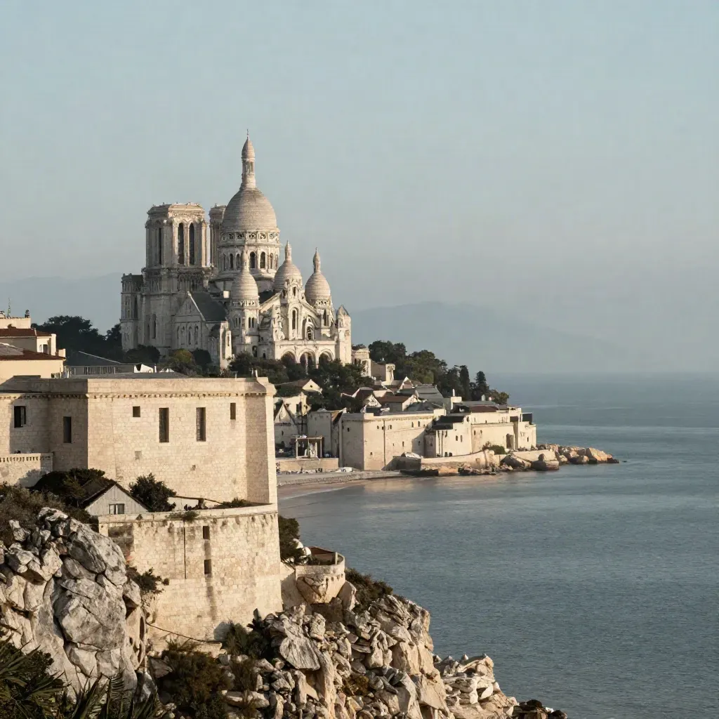 Notre-Dame de la Garde domine une côte claire et une mer calme sous une lumière marine douce.