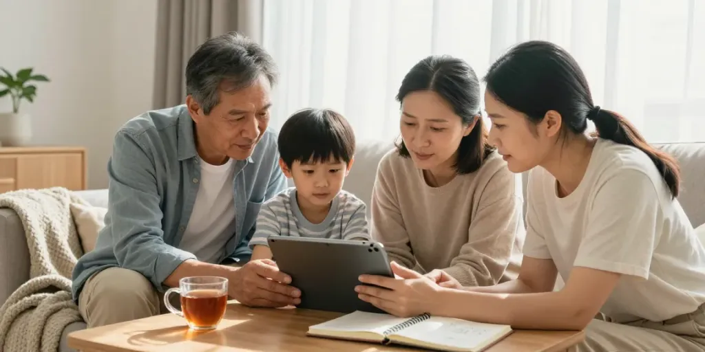 Tâches partagées aidants : famille coordonnant les soins autour d'une tablette dans un salon chaleureux.