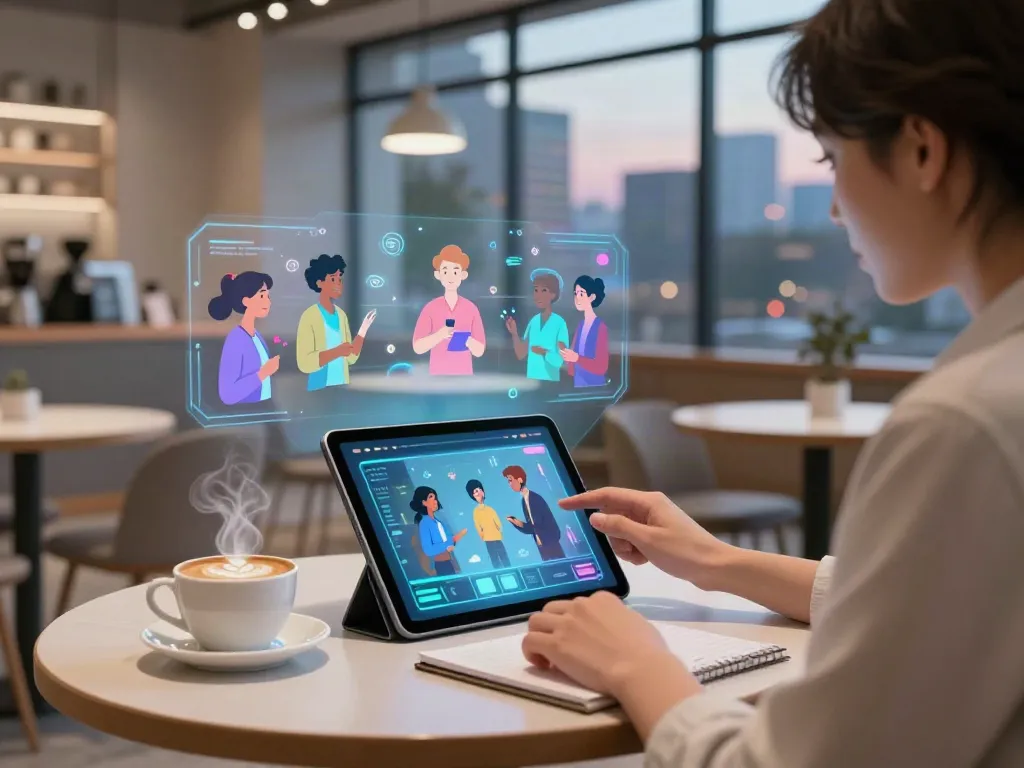 User interacting with Crush On AI in a modern virtual café, featuring diverse animated characters on display and cozy ambiance.