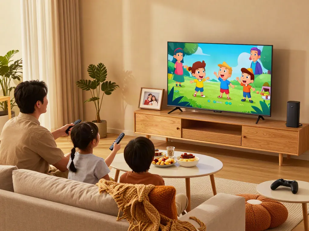 Moment familial captivant avec Atlas pro ontv permettant de regarder des émissions sur un grand écran, ambiance chaleureuse.