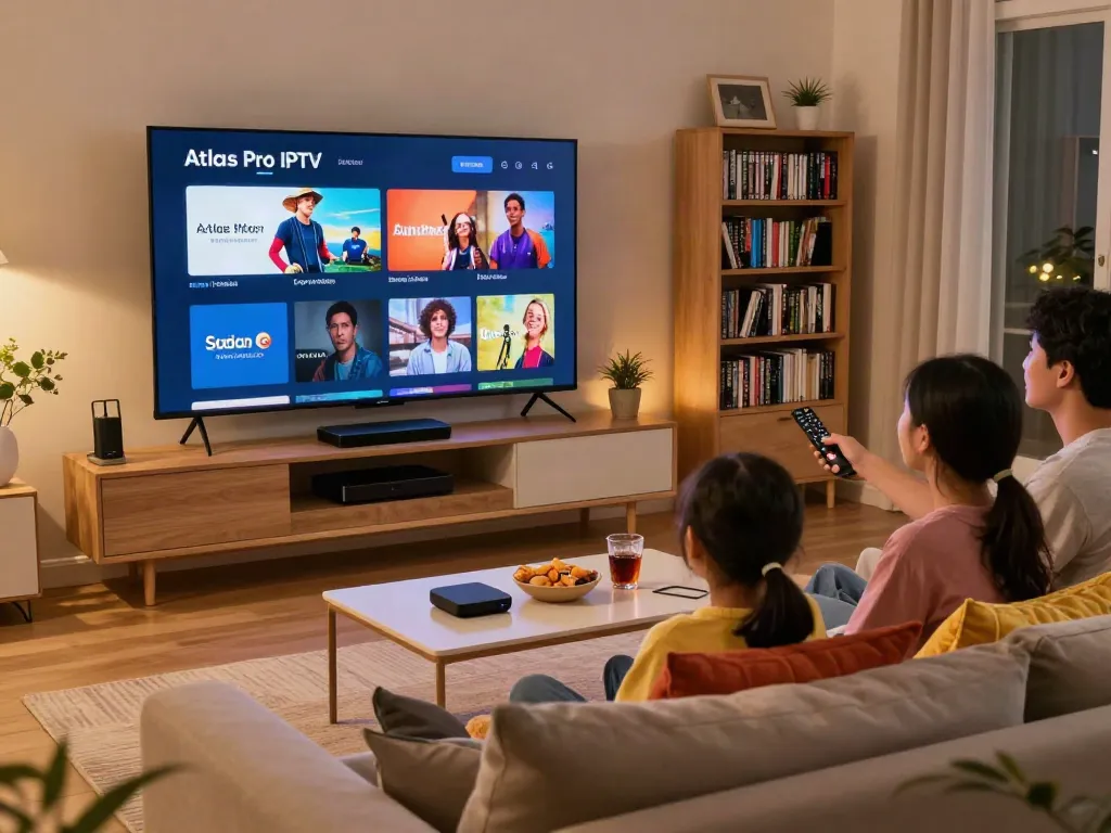 Regarder Atlas Pro IPTV avec la famille dans un salon moderne, ambiance chaleureuse et conviviale.