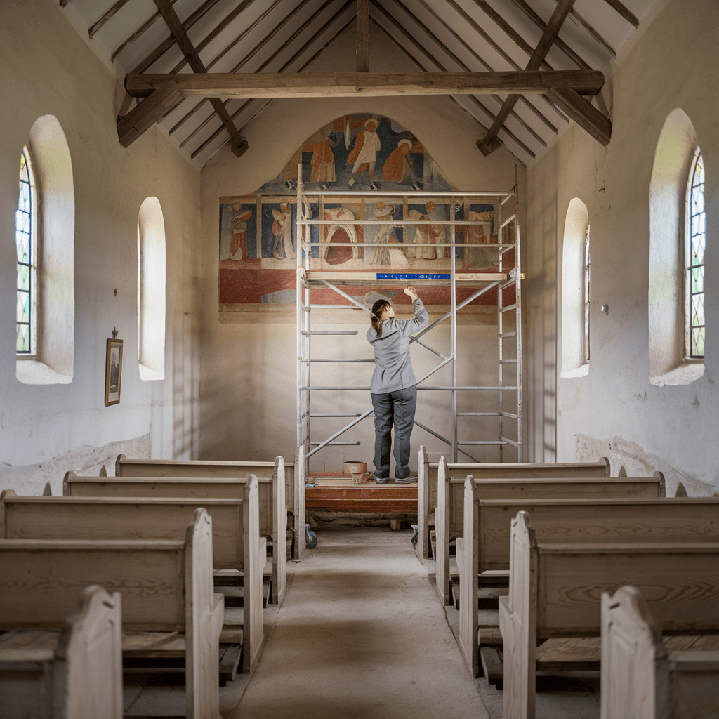 L'image présente une personne debout sur une structure en bois à l'intérieur d'une église. Les éléments environnants comprennent des fenêtres, du mobilier et les détails architecturaux d'une chapelle ou d'une cathédrale. La scène est caractérisée par des bancs et un plafond élevé, typiques des lieux de culte.