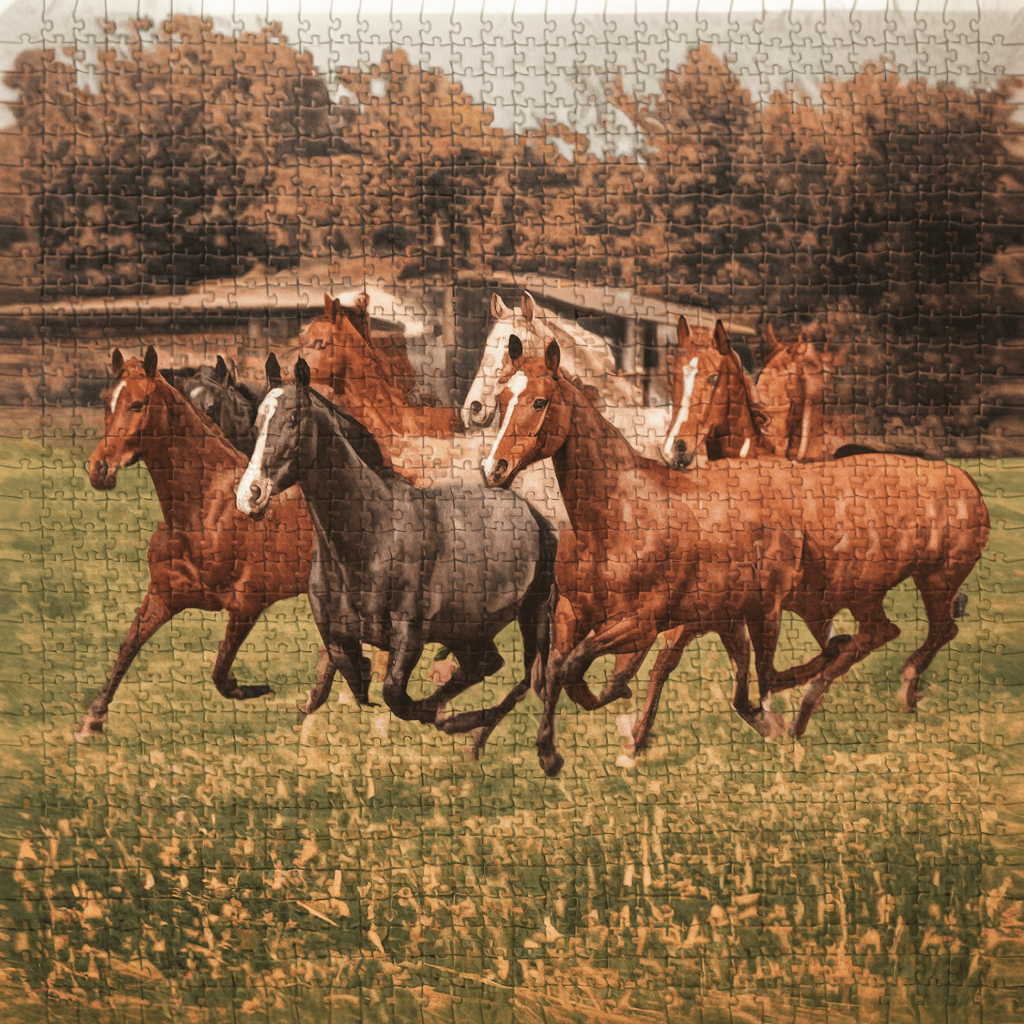 L'image représente un puzzle mettant en scène un groupe de chevaux galopant dans un champ. La scène se déroule en plein air, mettant en valeur la beauté naturelle de l'herbe et le mouvement dynamique de ces mammifères. Le troupeau comprend à la fois des juments et des étalons, affichant une variété de couleurs, y compris l'alezan. Cette image reflète l'essence de la vie dans un ranch et l'énergie gracieuse du bétail dans son habitat naturel. Droit d'auteur AtelierArt