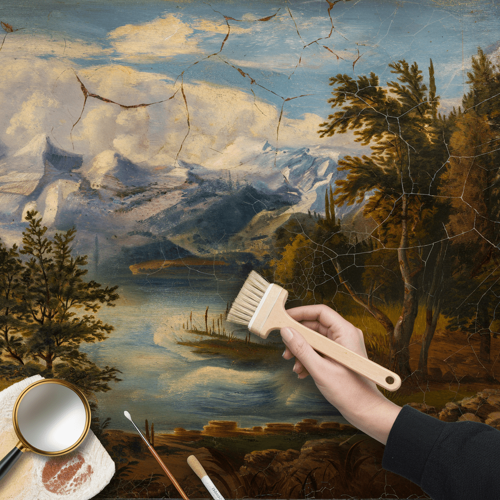 Une main tient un pinceau devant une peinture représentant un lac serein. La scène évoque un sentiment de tranquillité et de connexion avec la nature, avec des éléments tels que des arbres et des montagnes en arrière-plan. L'image illustre la restauration d'une peinture antique.